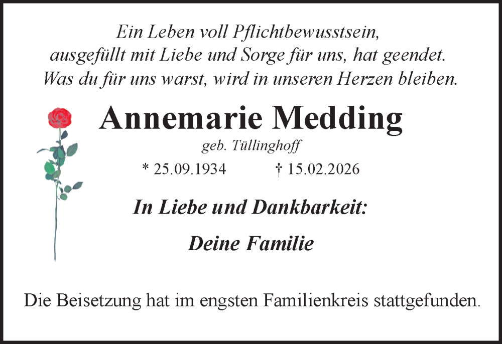  Traueranzeige für Annemarie Medding vom 28.02.2026 aus Ruhr Nachrichten und Halterner Zeitung