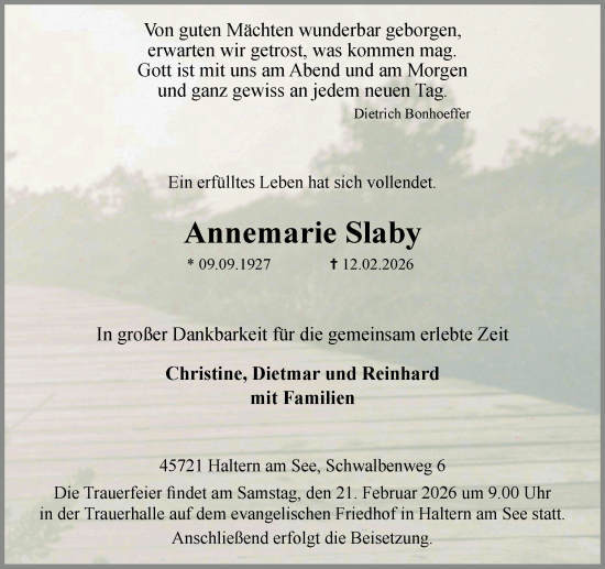 Traueranzeige von Annemarie Slaby von Ruhr Nachrichten und Halterner Zeitung