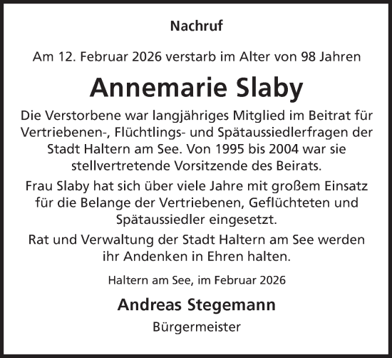 Traueranzeige von Annemarie Slaby von Ruhr Nachrichten und Halterner Zeitung
