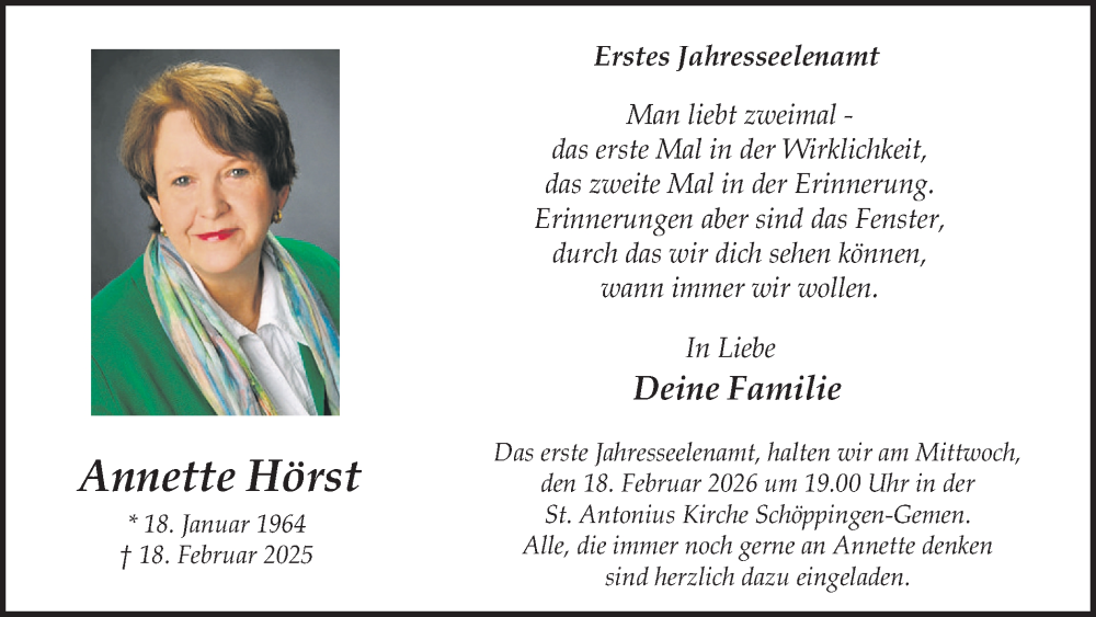  Traueranzeige für Annette Hörst vom 14.02.2026 aus Münsterland Zeitung