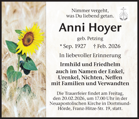 Traueranzeige von Anni Hoyer von Ruhr Nachrichten