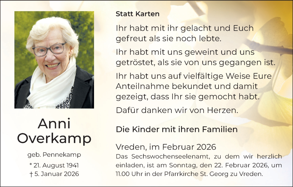  Traueranzeige für Anni Overkamp vom 18.02.2026 aus Münsterland Zeitung
