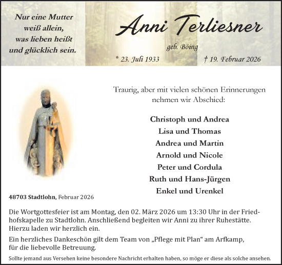 Traueranzeige von Anni Terliesner von Münsterland Zeitung
