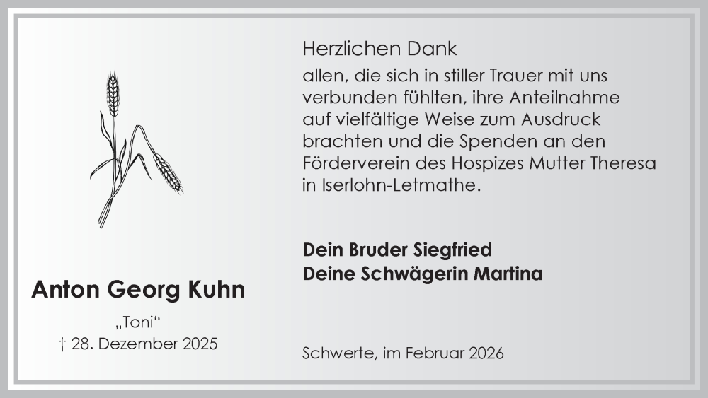  Traueranzeige für Anton Georg Kuhn vom 07.02.2026 aus Ruhr Nachrichten
