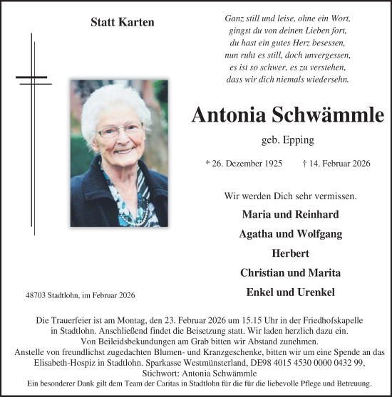 Traueranzeige von Antonia Schwämmle von Münsterland Zeitung