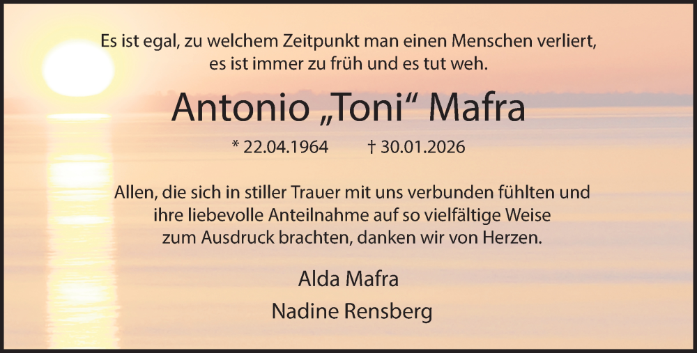  Traueranzeige für Antonio Mafra vom 14.02.2026 aus 