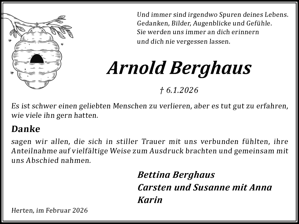  Traueranzeige für Arnold Berghaus vom 14.02.2026 aus Trauer Vest