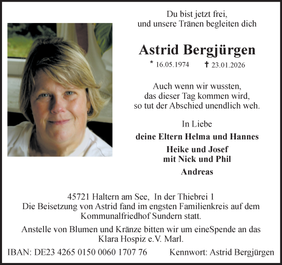 Traueranzeige von Astrid Bergjürgen von Ruhr Nachrichten und Halterner Zeitung