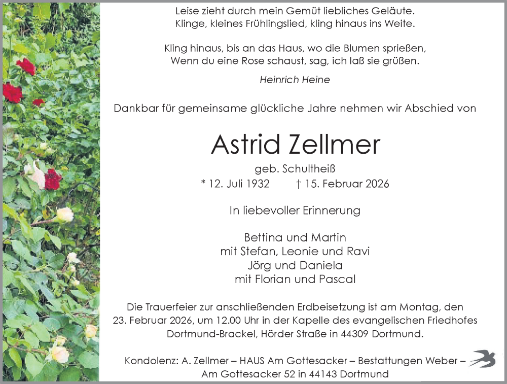  Traueranzeige für Astrid Zellmer vom 21.02.2026 aus Ruhr Nachrichten