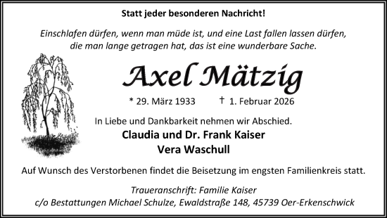 Traueranzeige von Axel Mätzig von Trauer Vest