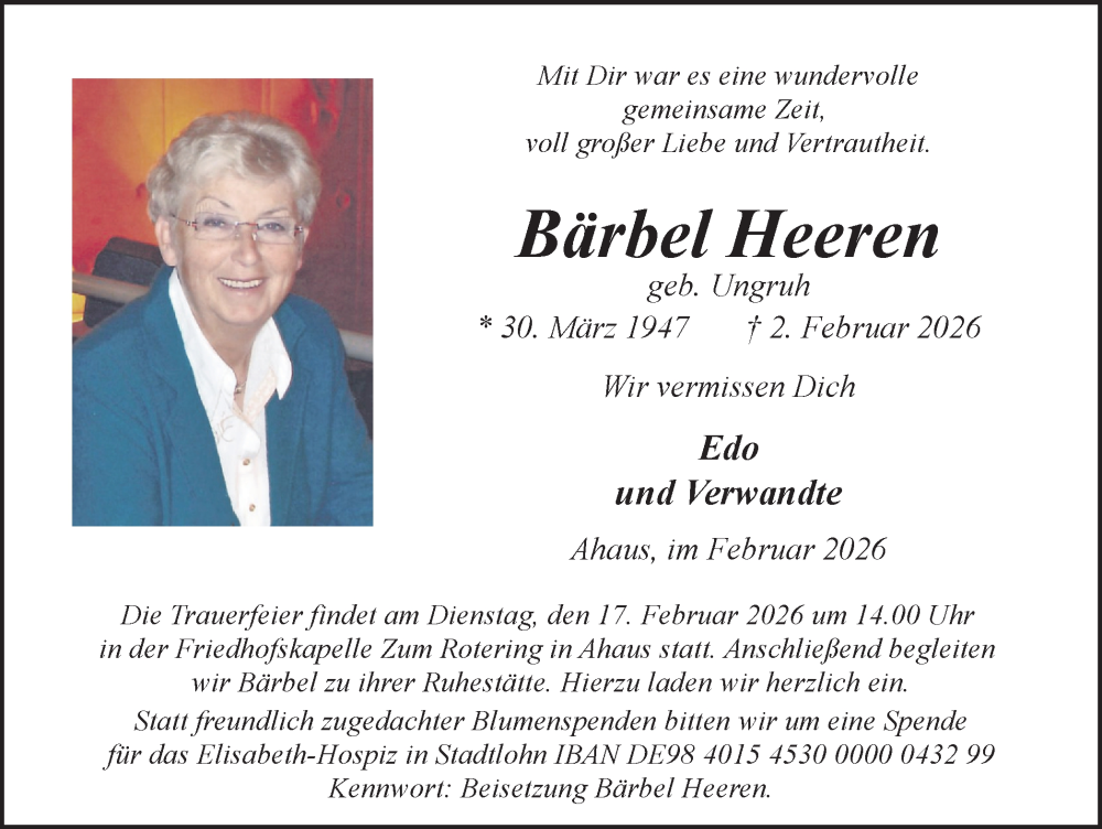  Traueranzeige für Bärbel Heeren vom 11.02.2026 aus Münsterland Zeitung