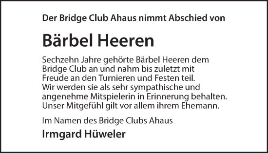 Traueranzeige von Bärbel Heeren von Münsterland Zeitung