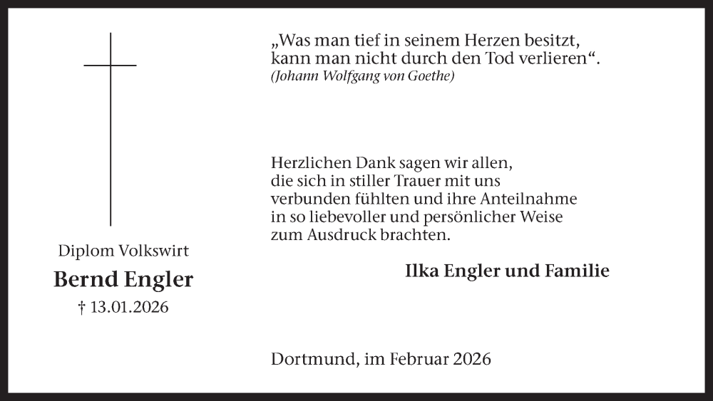  Traueranzeige für Bernd Engler vom 14.02.2026 aus Ruhr Nachrichten