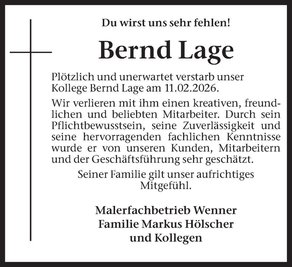  Traueranzeige für Bernd Lage vom 21.02.2026 aus Ruhr Nachrichten