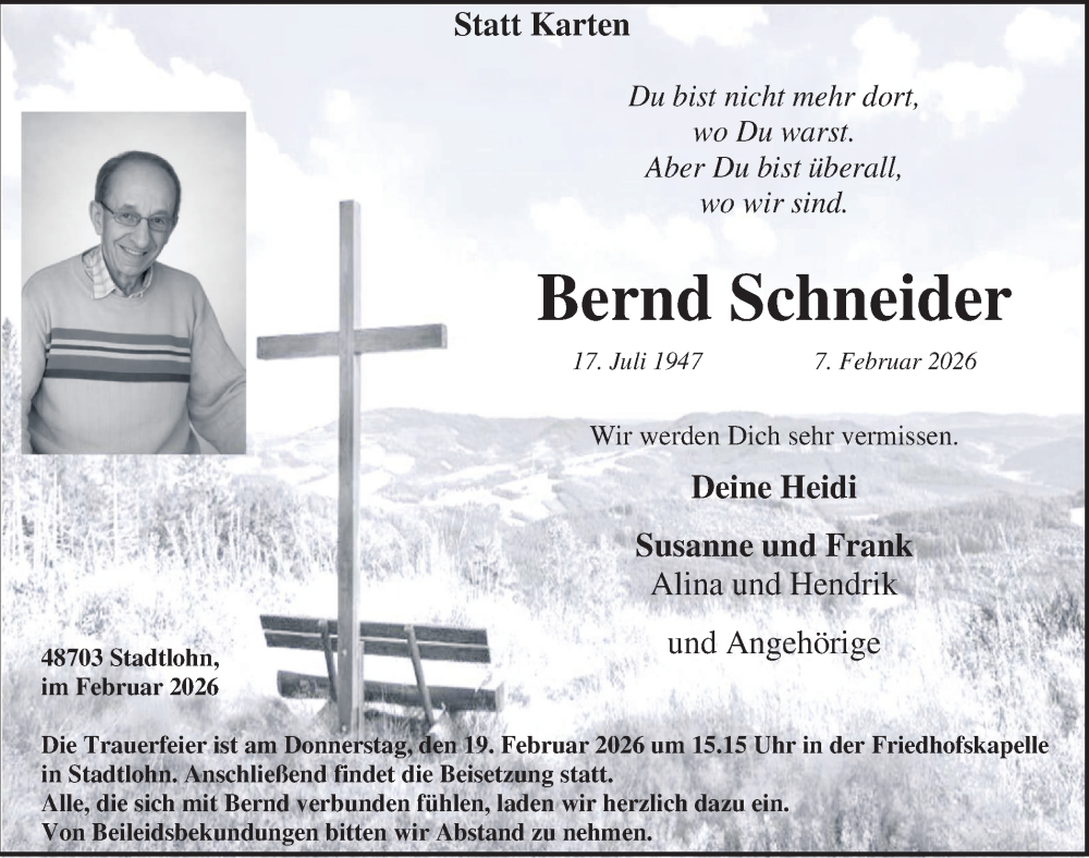  Traueranzeige für Bernd Schneider vom 14.02.2026 aus Münsterland Zeitung