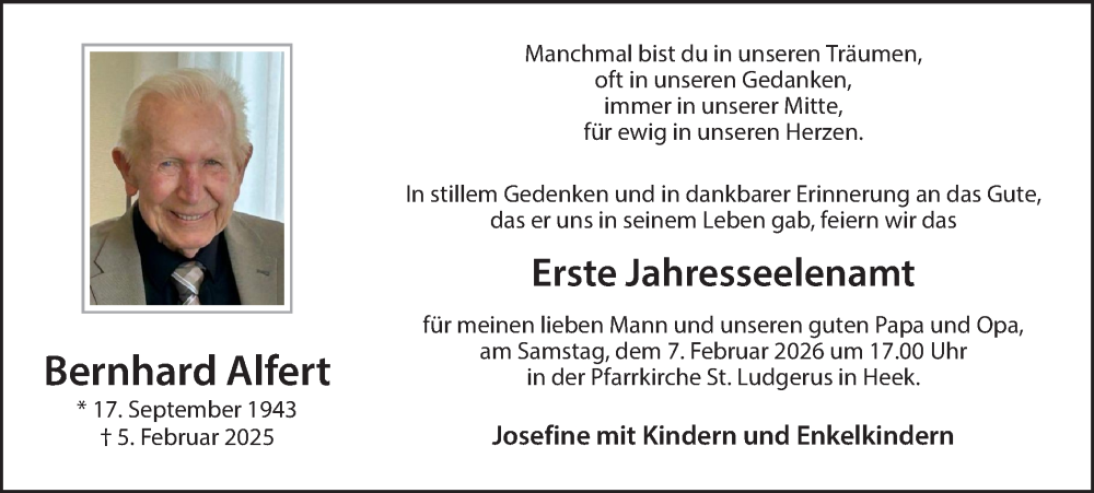  Traueranzeige für Bernhard Alfert vom 04.02.2026 aus Münsterland Zeitung