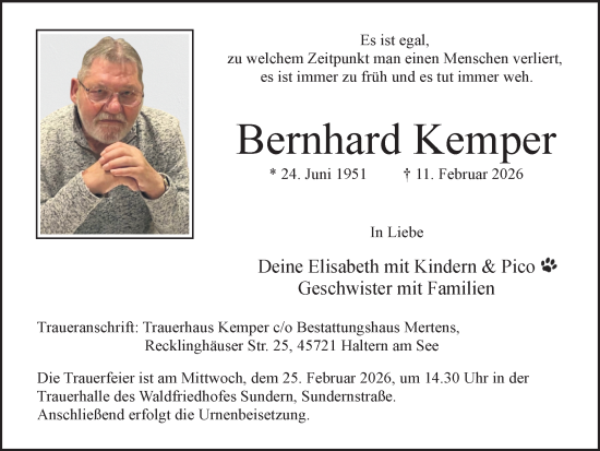 Traueranzeige von Bernhard Kemper von Ruhr Nachrichten und Halterner Zeitung