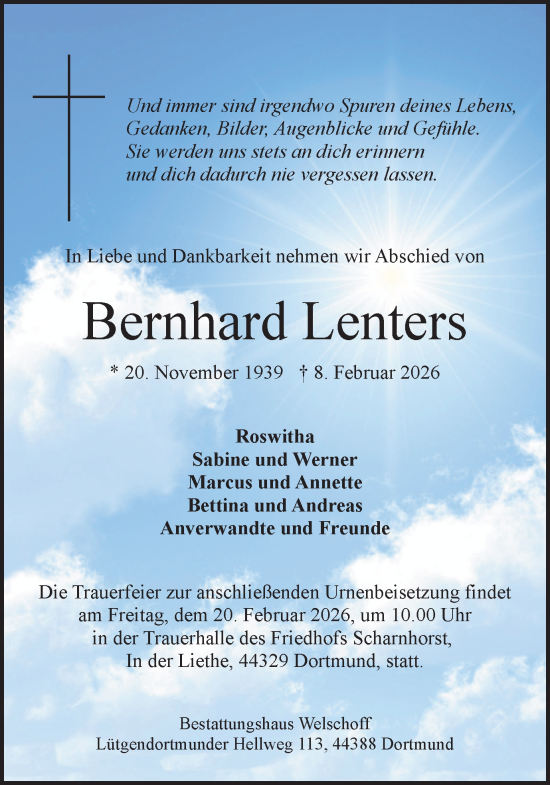 Traueranzeige von Bernhard Lenters von Ruhr Nachrichten