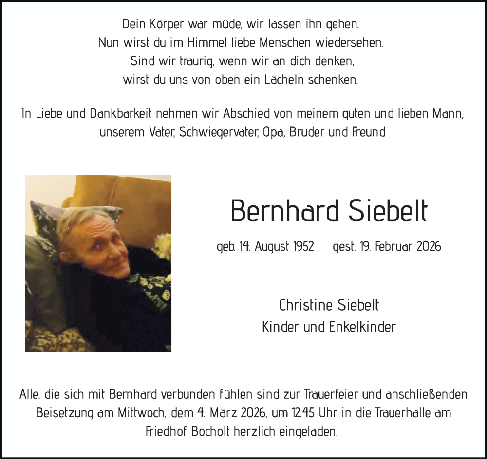  Traueranzeige für Bernhard Siebelt vom 25.02.2026 aus 