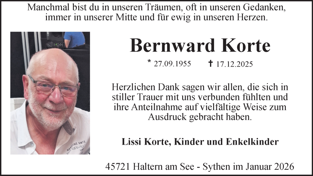  Traueranzeige für Bernward Korte vom 14.02.2026 aus Ruhr Nachrichten und Halterner Zeitung