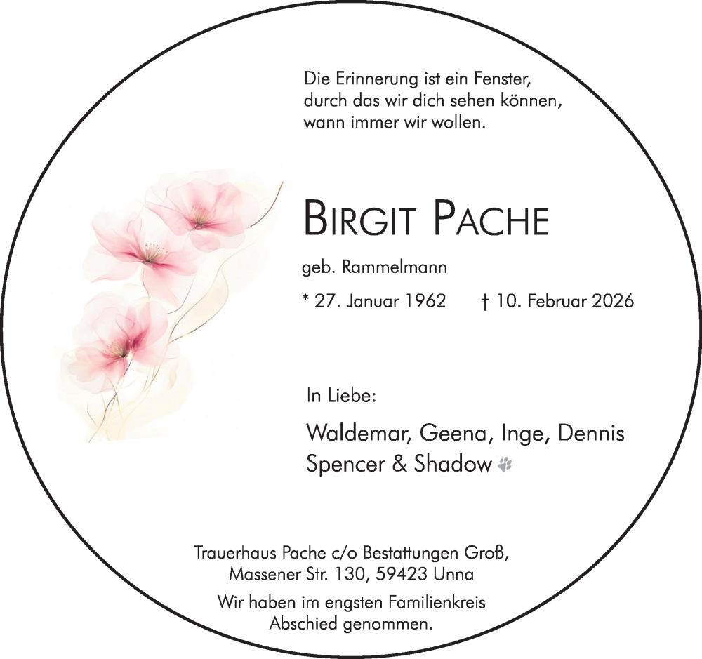  Traueranzeige für Birgit Pache vom 28.02.2026 aus Hellweger Anzeiger