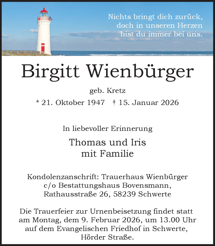  Traueranzeige für Birgitt Wienbürger vom 07.02.2026 aus Ruhr Nachrichten