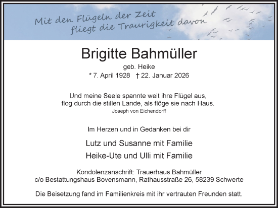 Traueranzeige von Brigitte Bahmüller von Ruhr Nachrichten