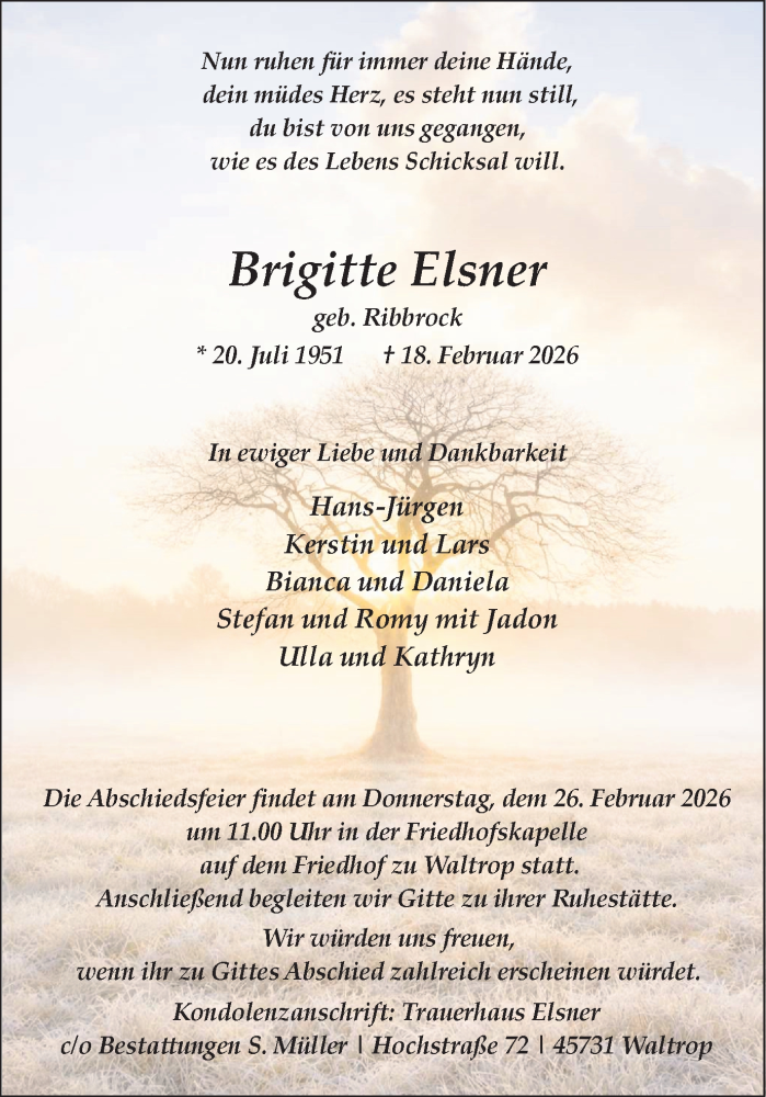  Traueranzeige für Brigitte Elsner vom 21.02.2026 aus Trauer Vest