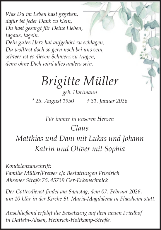 Traueranzeige von Brigitte Müller von Trauer Vest