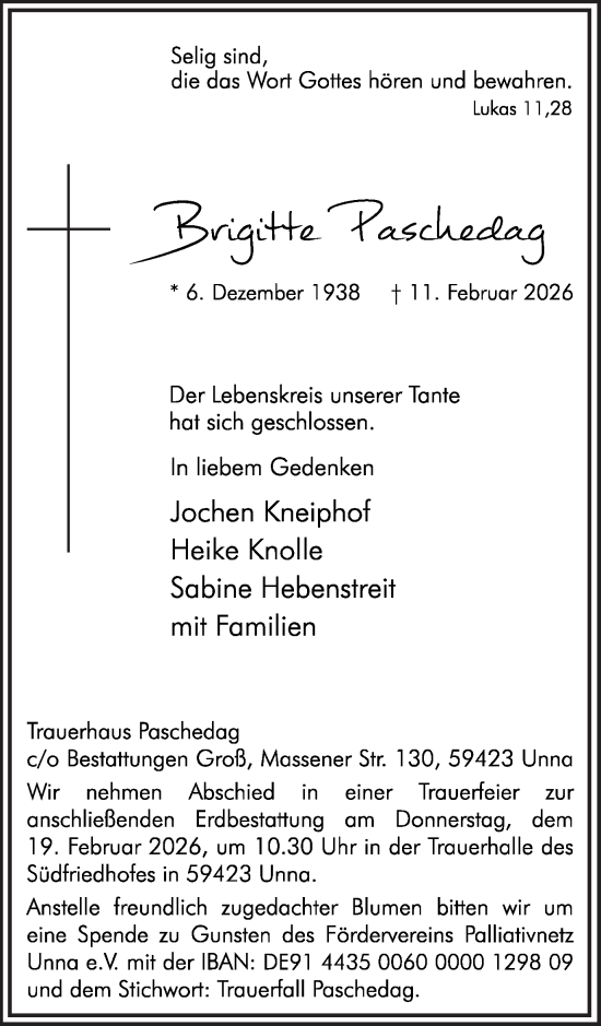 Traueranzeige von Brigitte Paschedag von Hellweger Anzeiger