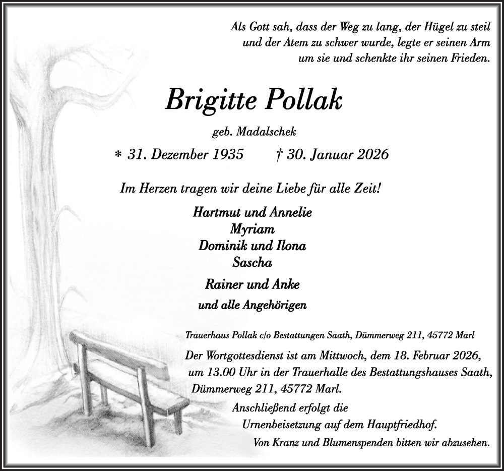  Traueranzeige für Brigitte Pollak vom 14.02.2026 aus Trauer Vest