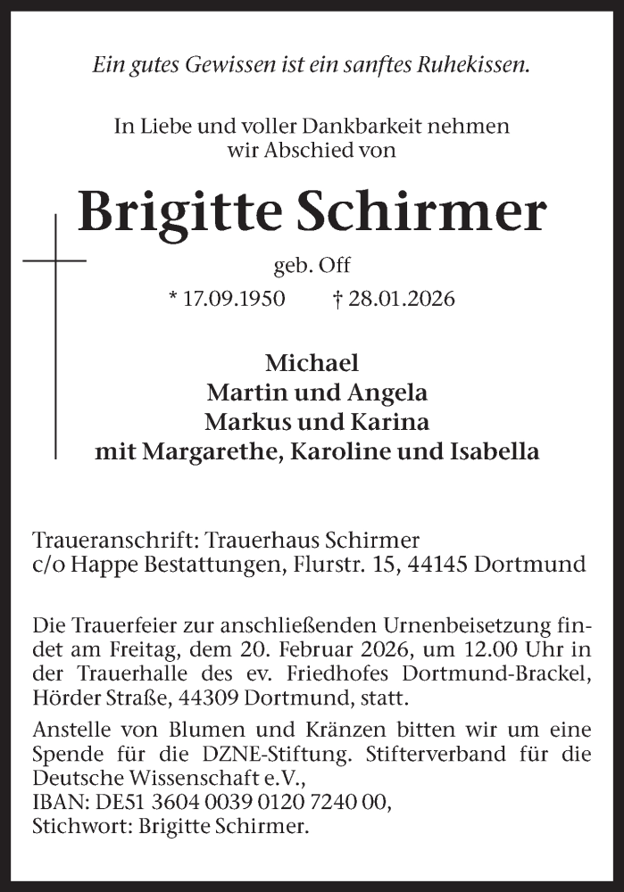  Traueranzeige für Brigitte Schirmer vom 14.02.2026 aus Ruhr Nachrichten