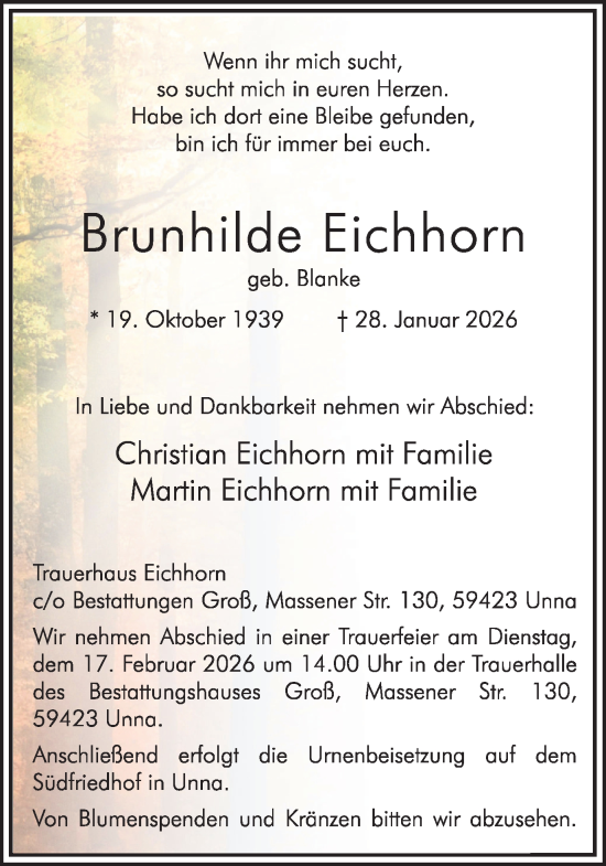 Traueranzeige von Brunhilde Eichhorn von Hellweger Anzeiger
