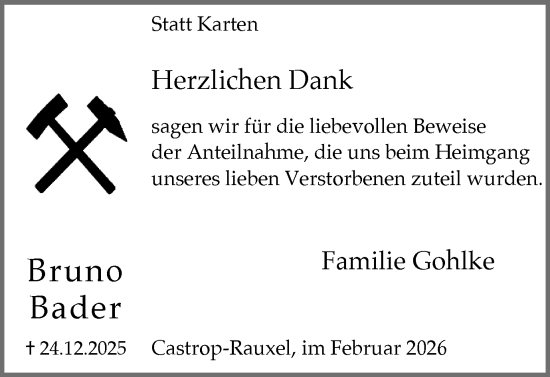 Traueranzeige von Bruno Bader von Stadtanzeiger Castrop-Rauxel