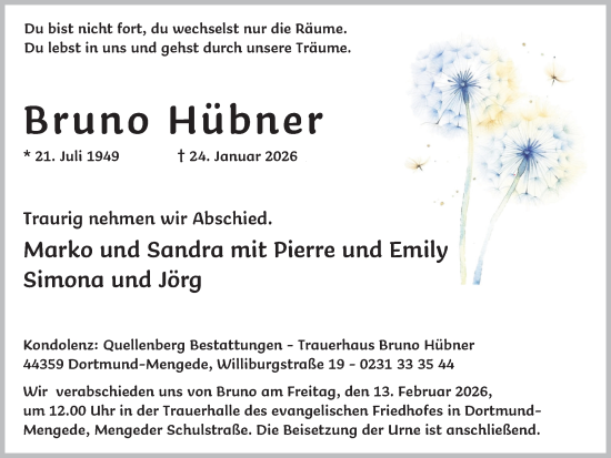 Traueranzeige von Bruno Hübner von Ruhr Nachrichten