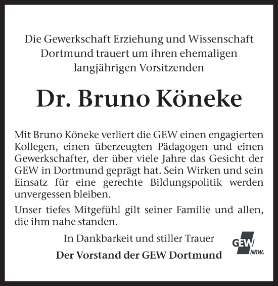 Traueranzeige von Bruno Köneke von Ruhr Nachrichten