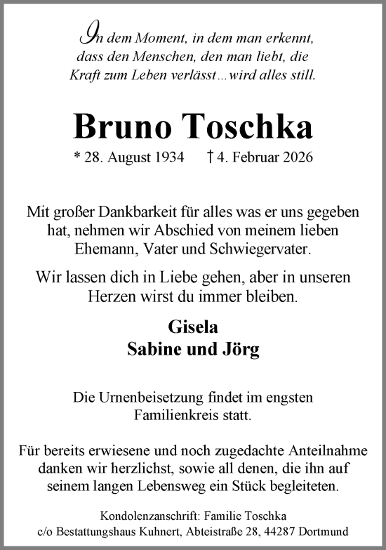Traueranzeige von Bruno Toschka von Ruhr Nachrichten