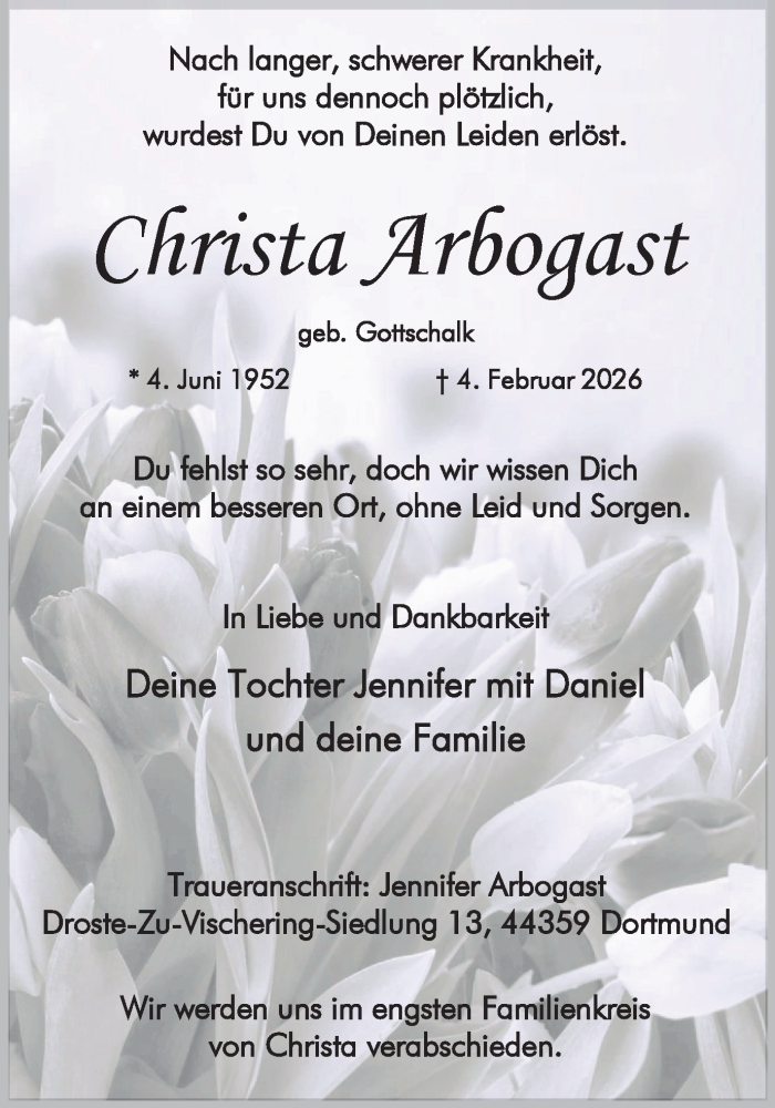  Traueranzeige für Christa Arbogast vom 07.02.2026 aus Ruhr Nachrichten