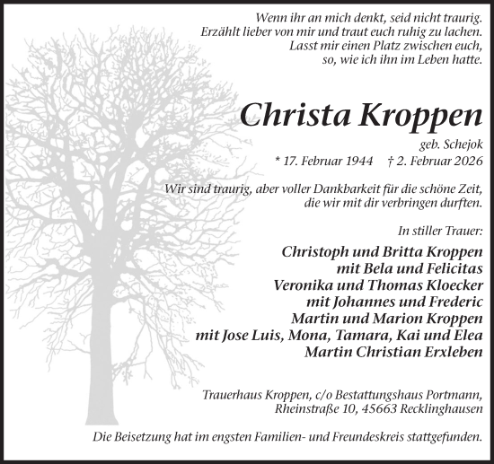 Traueranzeige von Christa Kroppen von Trauer Vest