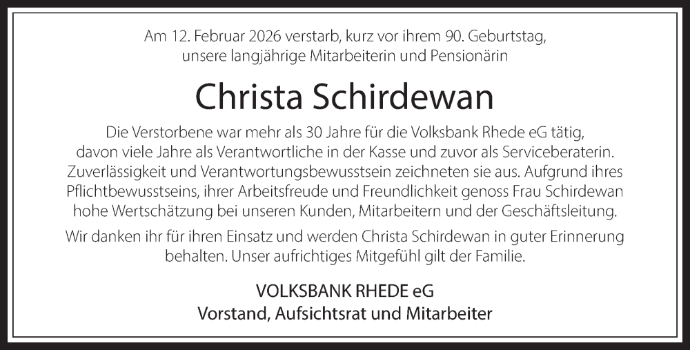  Traueranzeige für Christa Schirdewan vom 19.02.2026 aus 