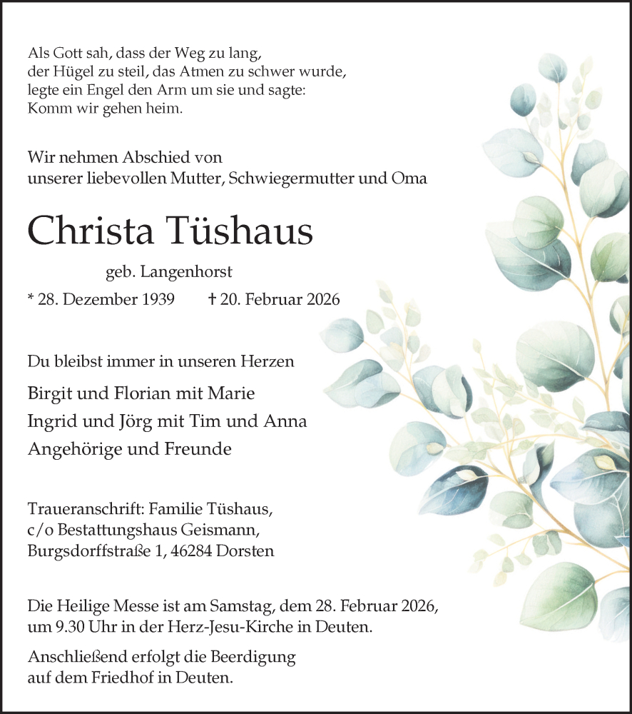 Traueranzeige für Christa Tüshaus vom 25.02.2026 aus Ruhr Nachrichten und Dorstener Zeitung