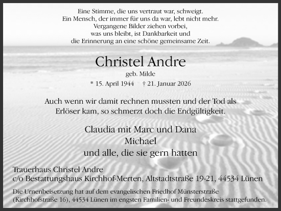 Traueranzeige von Christel Andre von Lüner Anzeiger