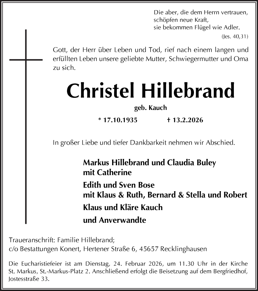  Traueranzeige für Christel Hillebrand vom 18.02.2026 aus Trauer Vest