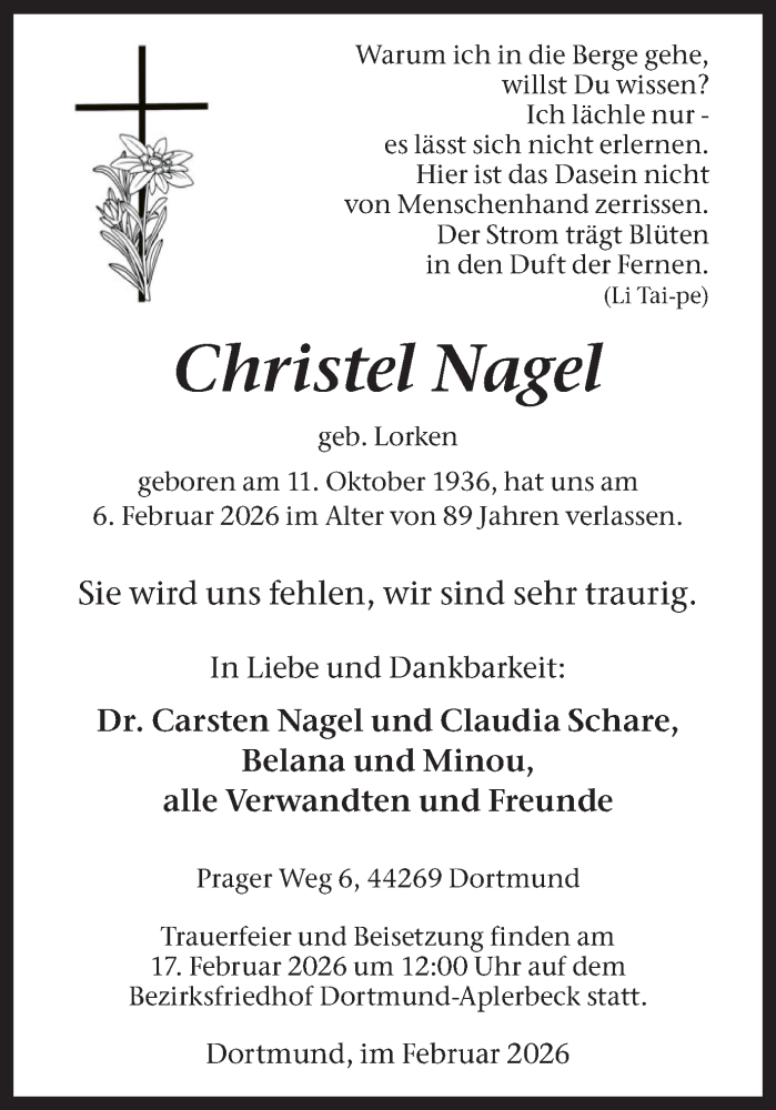  Traueranzeige für Christel Nagel vom 14.02.2026 aus Ruhr Nachrichten
