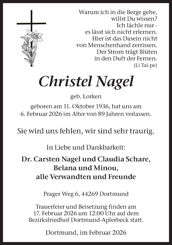 Traueranzeige von Christel Nagel von Ruhr Nachrichten