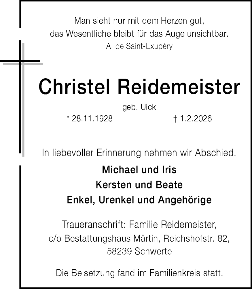  Traueranzeige für Christel Reidemeister vom 07.02.2026 aus Ruhr Nachrichten