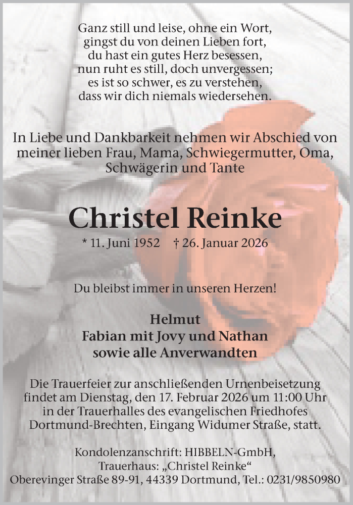  Traueranzeige für Christel Reinke vom 07.02.2026 aus Ruhr Nachrichten