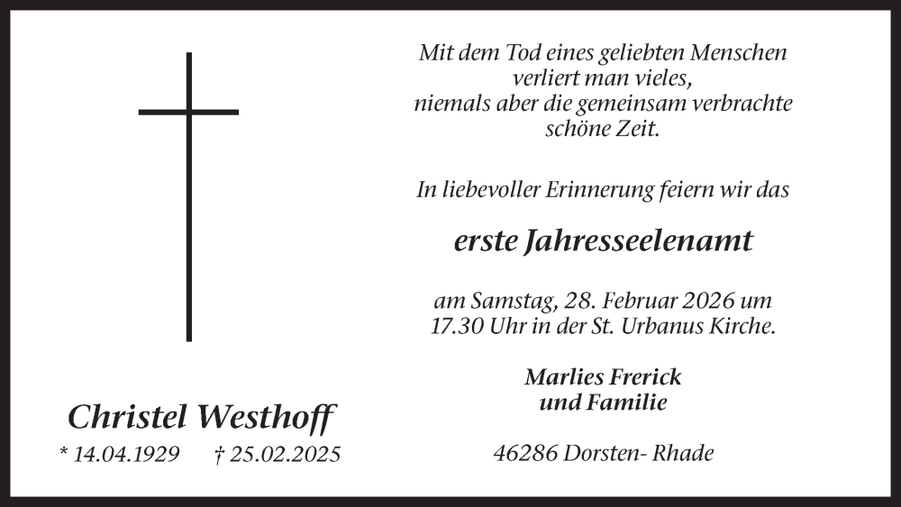  Traueranzeige für Christel Westhoff vom 21.02.2026 aus Ruhr Nachrichten und Dorstener Zeitung
