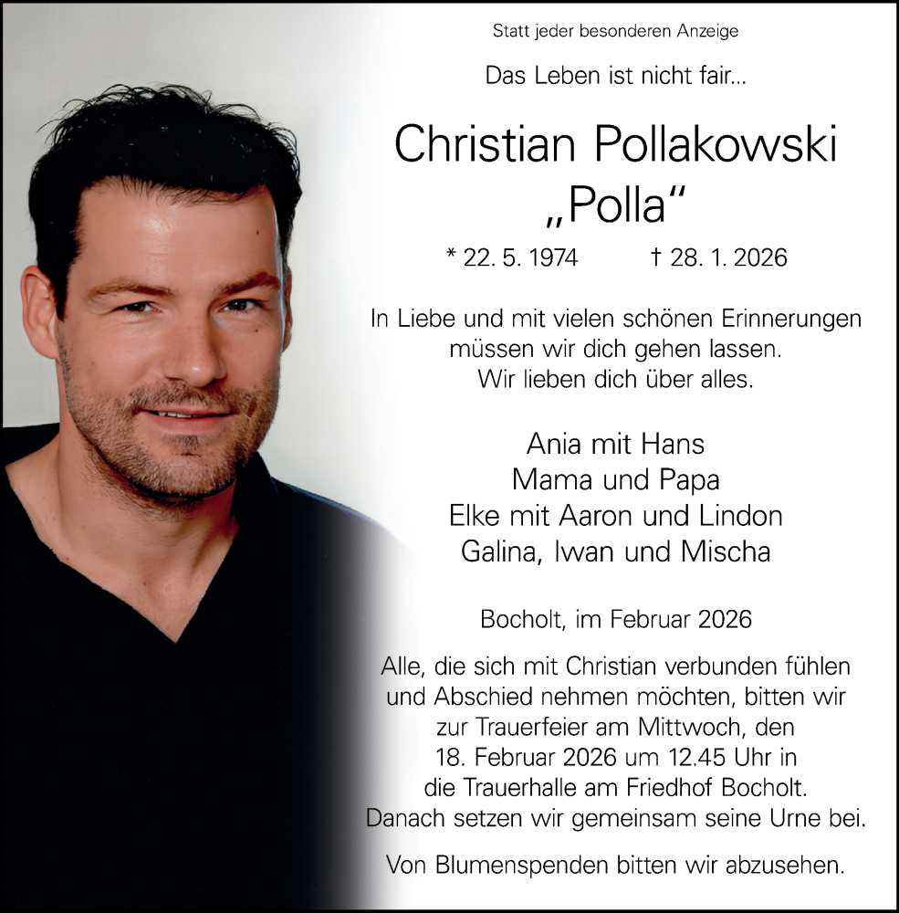  Traueranzeige für Christian Pollakowski vom 13.02.2026 aus 