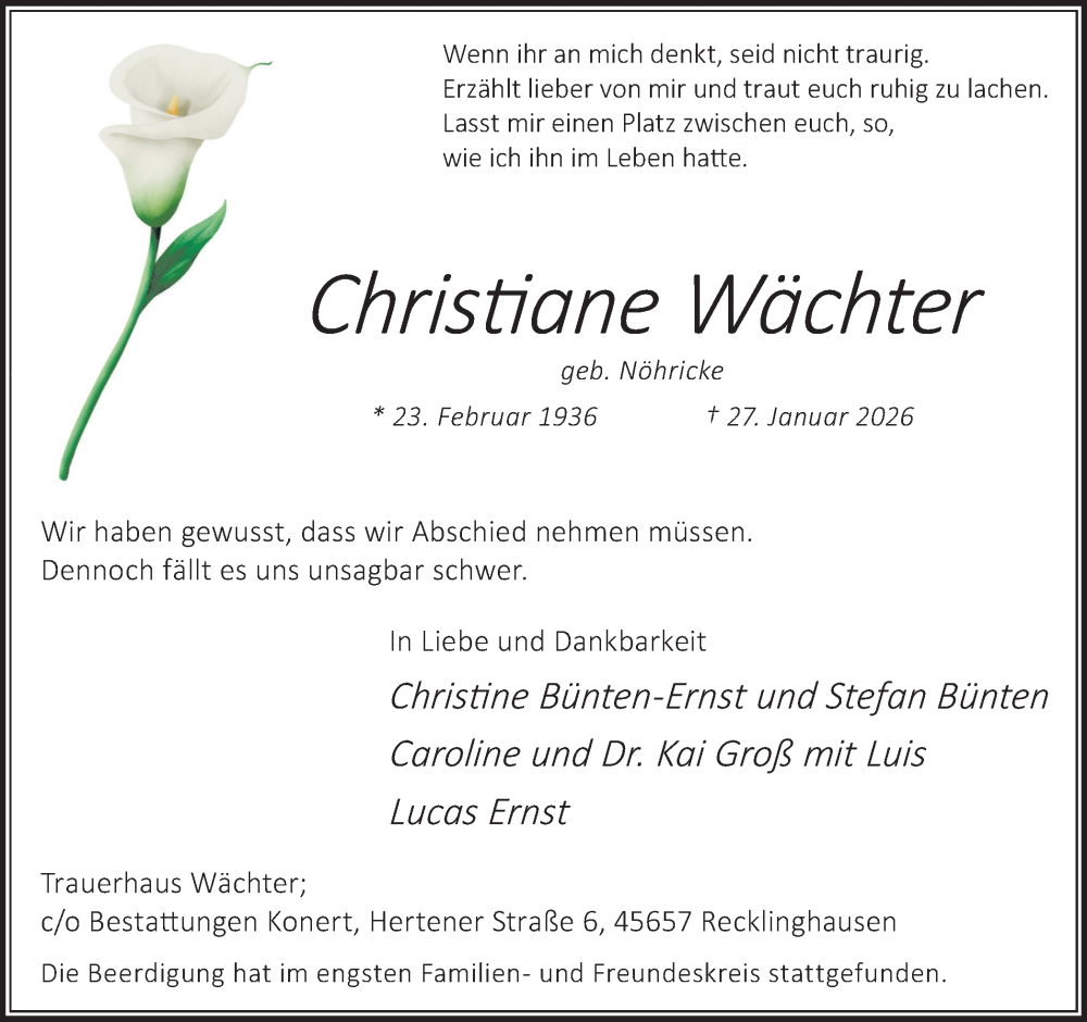  Traueranzeige für Christiane Wächter vom 07.02.2026 aus Trauer Vest